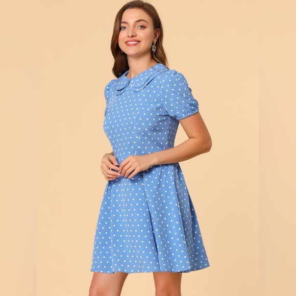 NWT Allegra K Heart Print Short Sleeve A-Line Peter Pan Collar Mini Dress Blue - Picture 12 of 13